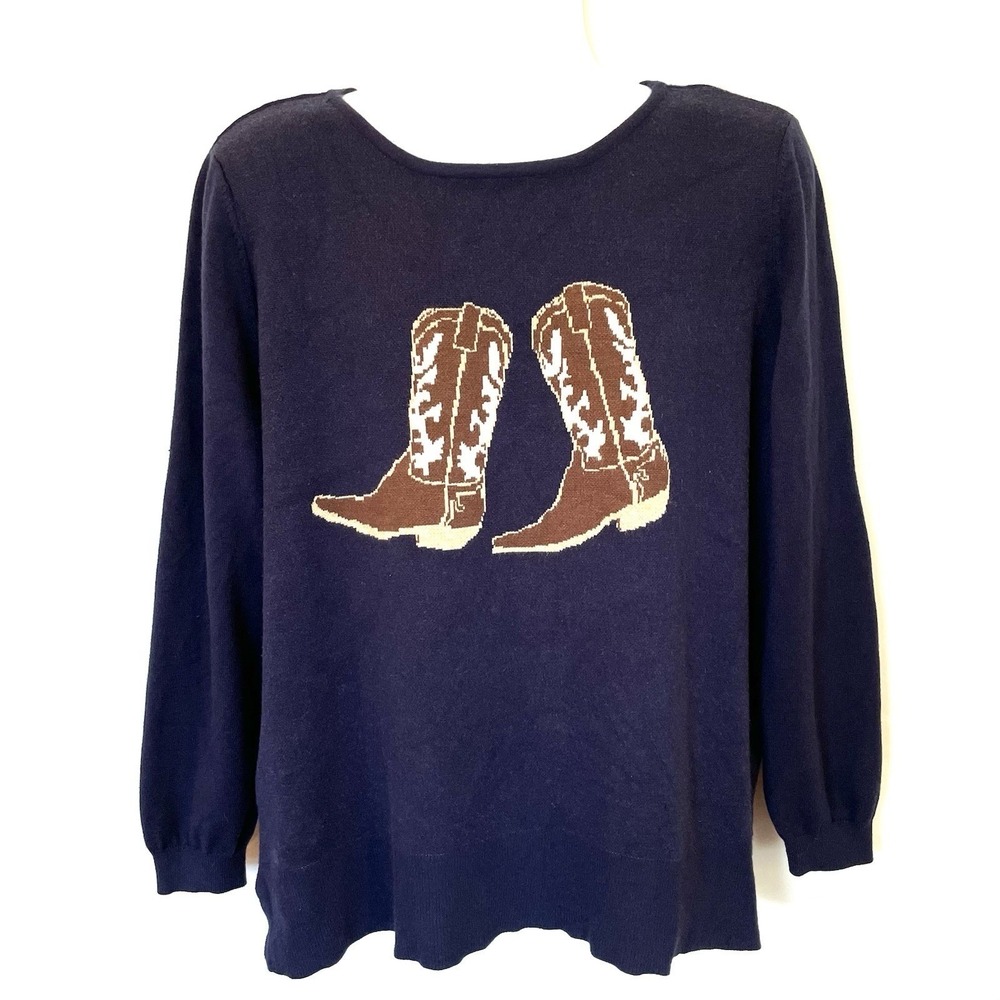 Astrologie Cowgirl Boots Sweater Womens XL Navy Blue Western Intarsia Knit